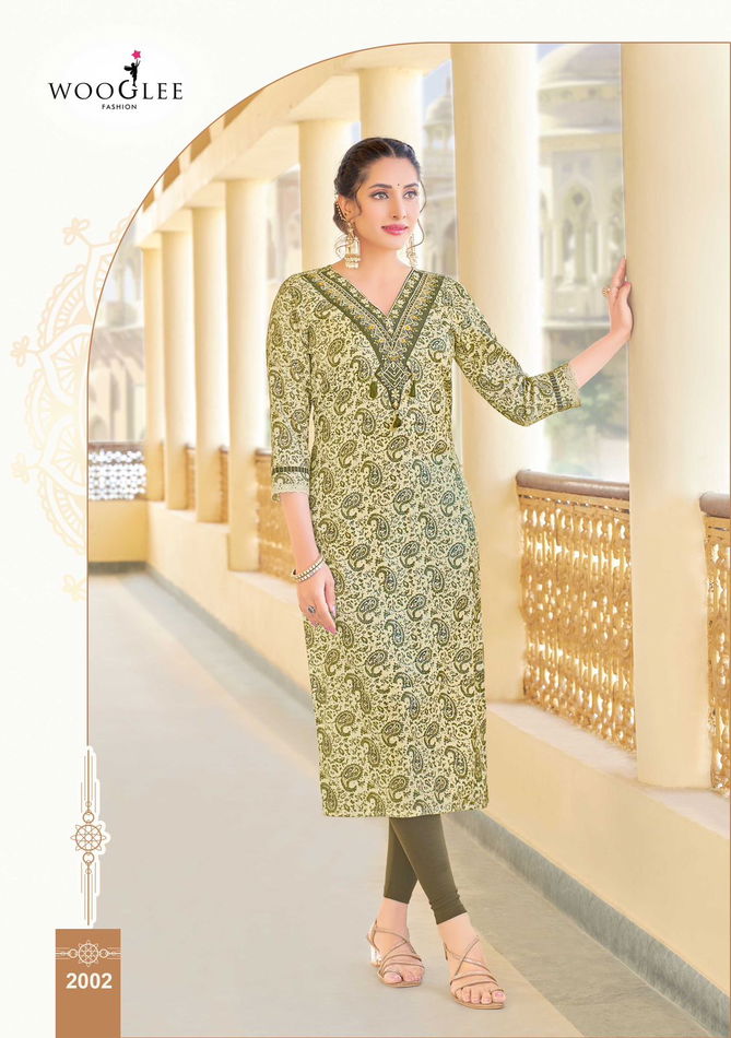 Rutika By Wooglee Rayon Printed Embroidery Kurti Wholesale Market In Surat